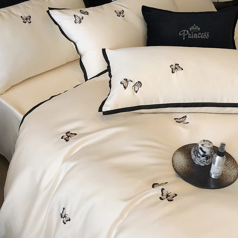 600TC Egyptian Cotton Chic Butterfly Embroidery Bedding Set 100% Cotton Duvet Cover Set Flat/Fitted Bed Sheet Pillowcases 4Pcs