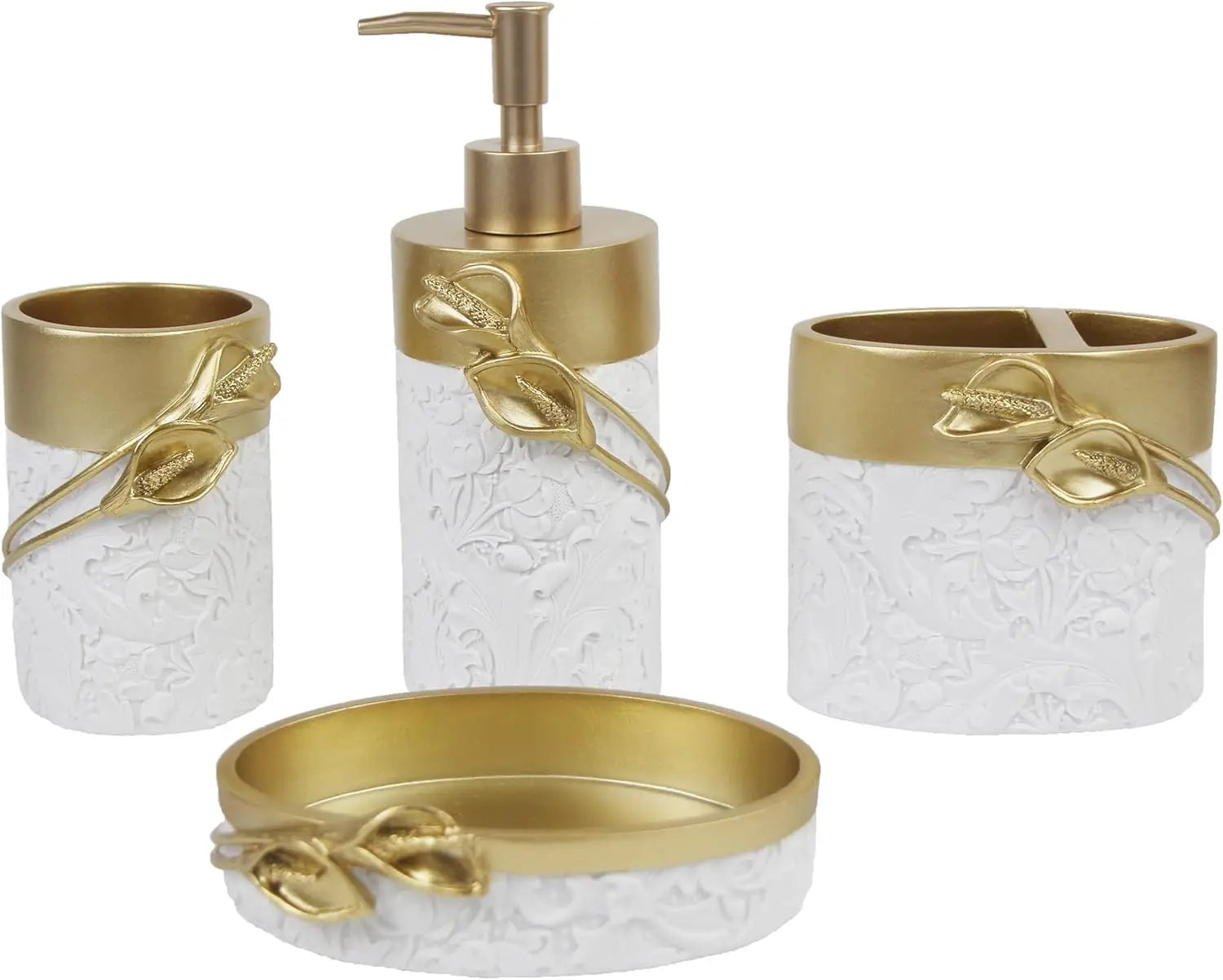 Golden Farmhouse Bathroom Decor Set, 4-Piece Resin Accessories with Toothbrush Holder and Soap Dispenser