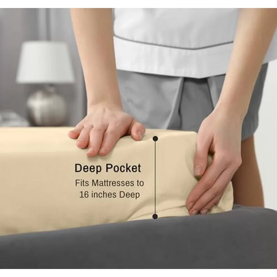 00% Cotton Sheets  Size Percale BeddinCoolinand Breaable  wi a Crisp Soft and Comforble Feel 6" Deep Poet 4-Piece Set Beige