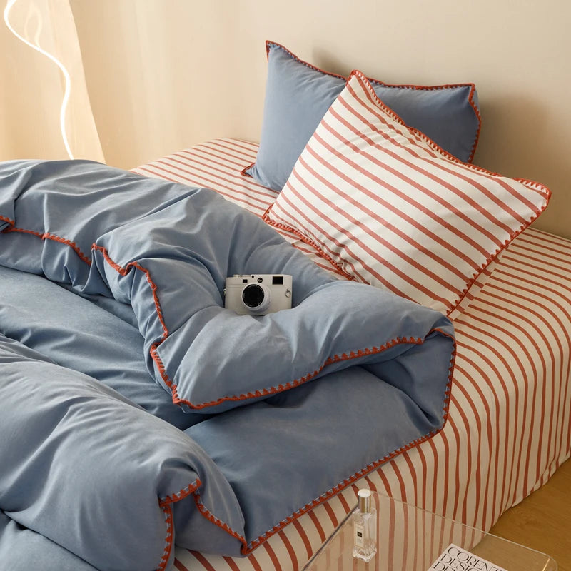 Blue Protein Durable Washed Cotton Bedding Set Striped Color Block Shell Embroidery Comforter Cover with Standard Pillowcases