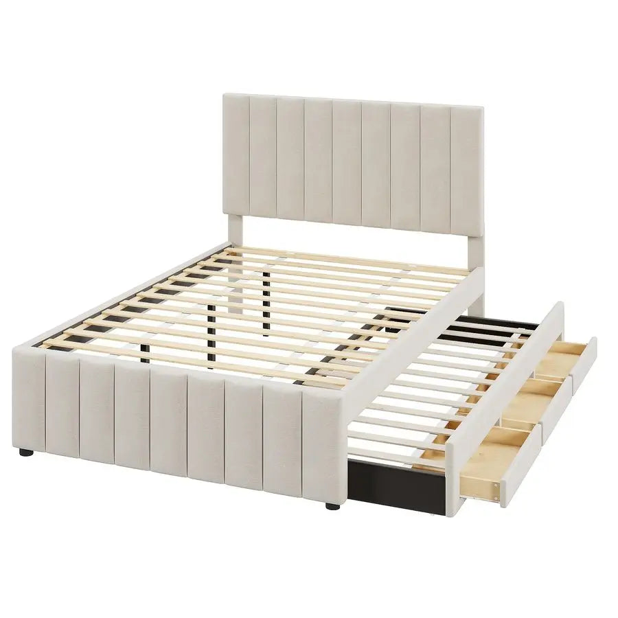 Harper Bright Designs Full Size Bed with PullOut Trundle and 3 Storage Drawers Underneath, Linen Upholstered Full Platform Bed