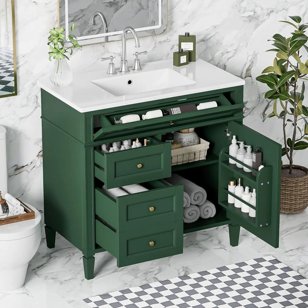 36in Solid Wood Bathroom Vanity with Soft-Close Doors & Tip-Out Drawer Undermount Sink Cabinet Green Customized
