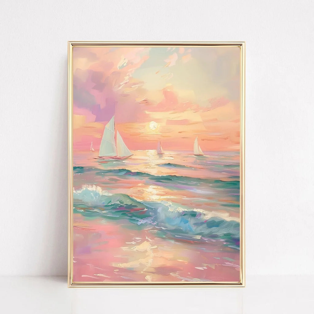 Pastel Sunset Print Blush Pink Coastal Beach Preppy Ocean Painting Poster Boho Wall Art Decor Girly Dorm Teen Room Prints Framed