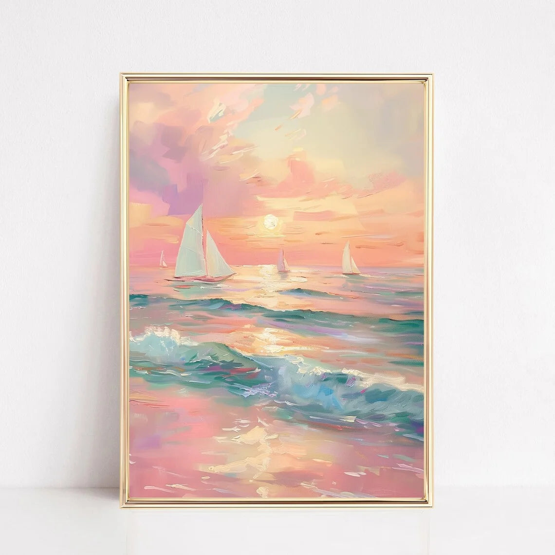Pastel Sunset Print Blush Pink Coastal Beach Preppy Ocean Painting Poster Boho Wall Art Decor Girly Dorm Teen Room Prints Framed