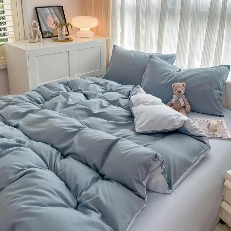 2-side Solid Color Brush Fabric Bed Set 4 Pieces Duvet Cover Pillowcase Bedding Set Bed Sheet Quilt Cover Single Queen King Size
