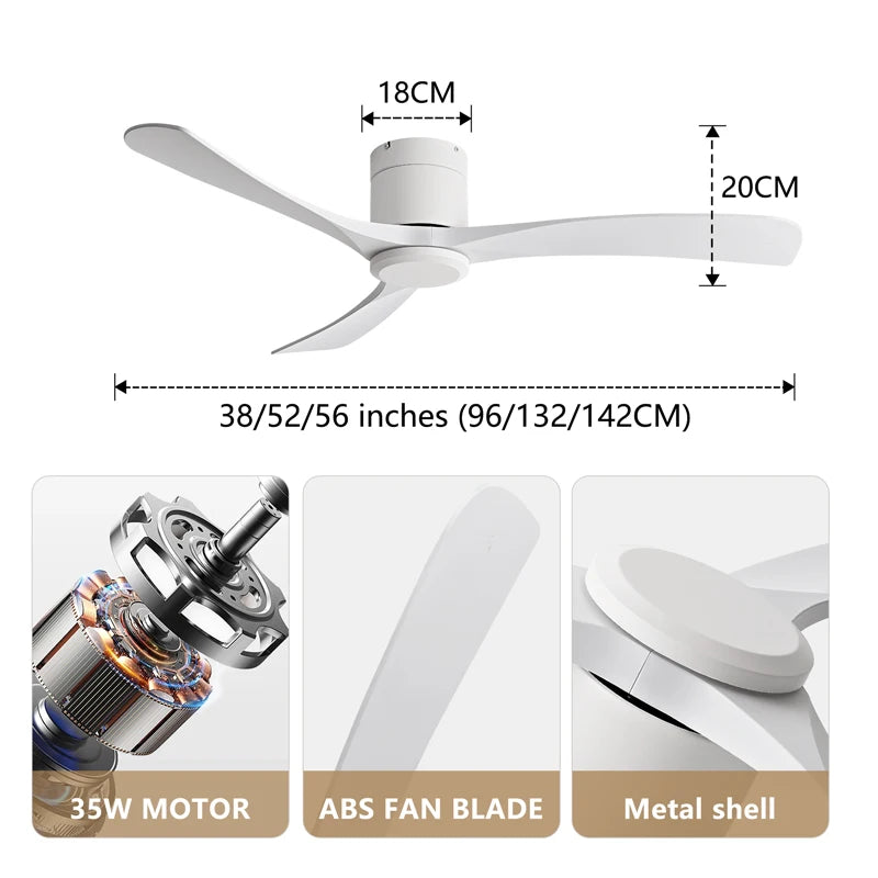 New 38/52/56 inch Modern Stylish LED Ceiling Fan with Light Remote Control 3 Blades Quiet Modern Design for Living Room Bedroom