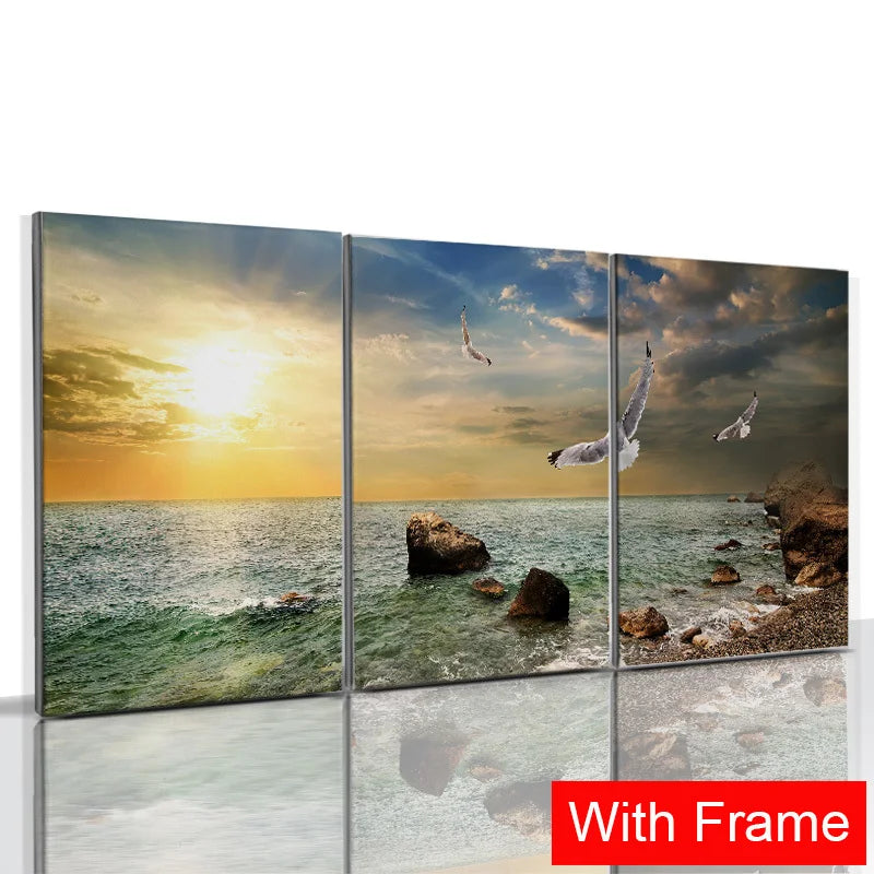 3pcs Framed Seaside Scenery Wall Art Canvas Painting Nordic Beach Sunset Print Poster Modern Living Room Home Decor Mural