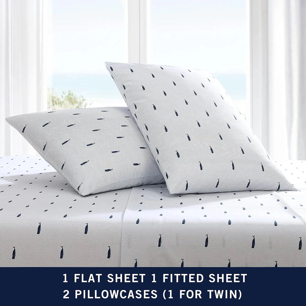 Full Size Cotton Percale Sheet Sets, Crisp & Cool Bedding in Whale Stripe Blue for Coastal Home Decor