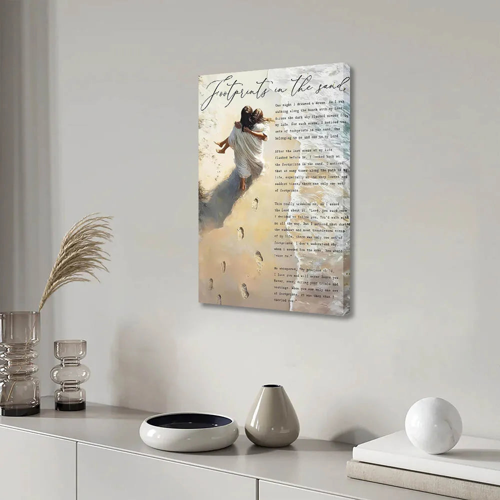 Framed Jesus Holding Woman Wall Art Jesus Footprints in The Sand Canvas Painting Print Christian Inspirational Quotes Poster