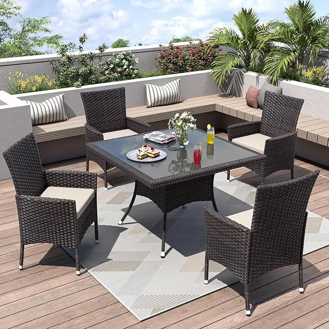 5 Piece Patio Dining Set All-Weather Wicker Outdoor Furniture Set W/Tempered Glass Tabletop, Removable Cushions