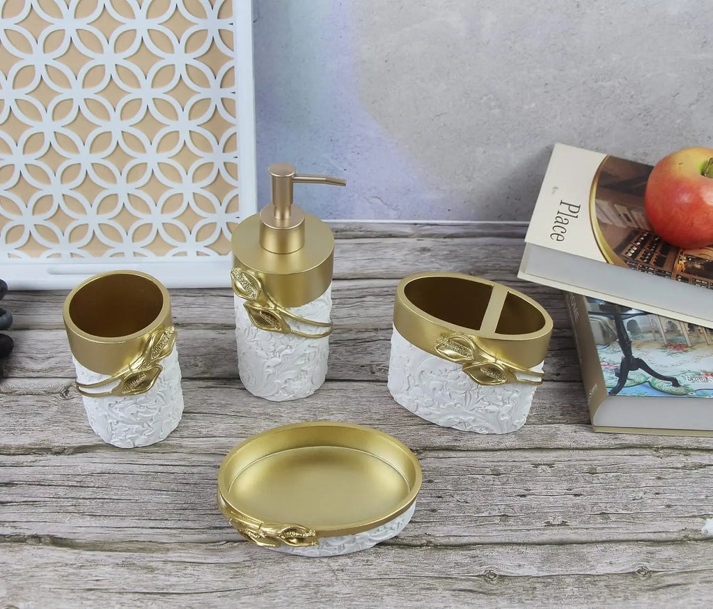 Golden Farmhouse Bathroom Decor Set, 4-Piece Resin Accessories with Toothbrush Holder and Soap Dispenser