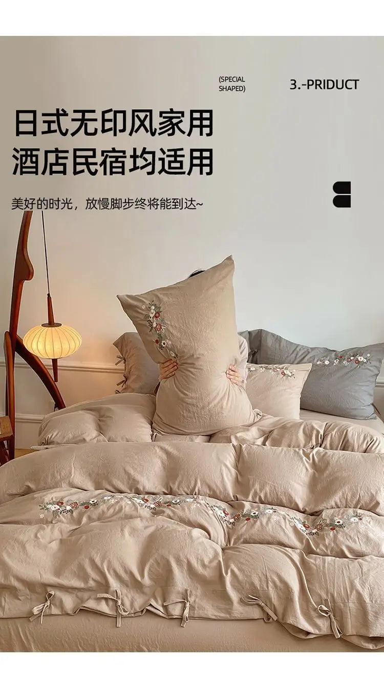 New Chinese embroidery washed cotton soft quilt cover bed sheet four-piece set