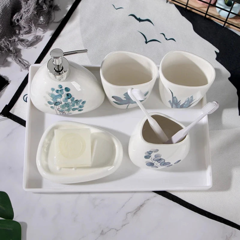 Green Nordic Ceramic Bathroom Set - Soap Dispenser, Toothbrush Holder, Tumbler & Soap Dish for Stylish Bathroom Organization
