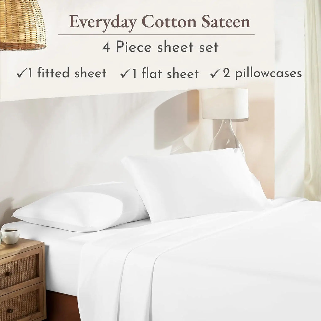 Queen Size Cotton Sheet Set with Deep Pockets, Soft Sateen Weave, Breathable and Durable Bedding in White