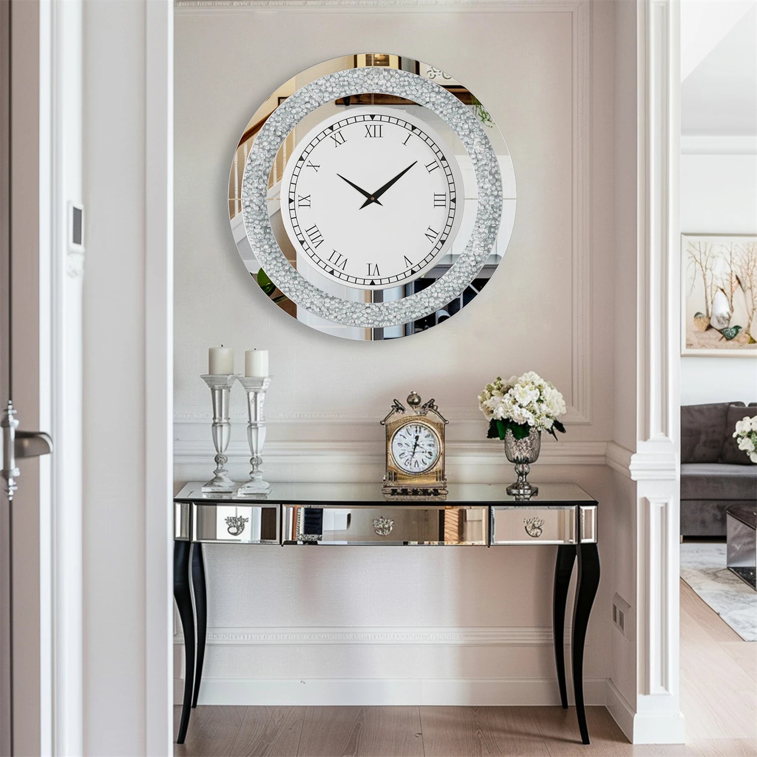 60/80CM Bling Silver Round Mirror Clock Glam Sparkle Twinkle Shining Mirrored Wall Clock for Home Decor