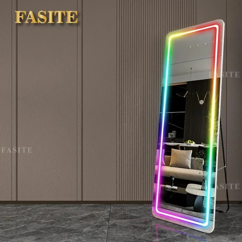 RGB LED Full Length Mirror With Lights, 63"x20" Floor Mirror Dimming Lights, Standing Wall Mounted Hanging