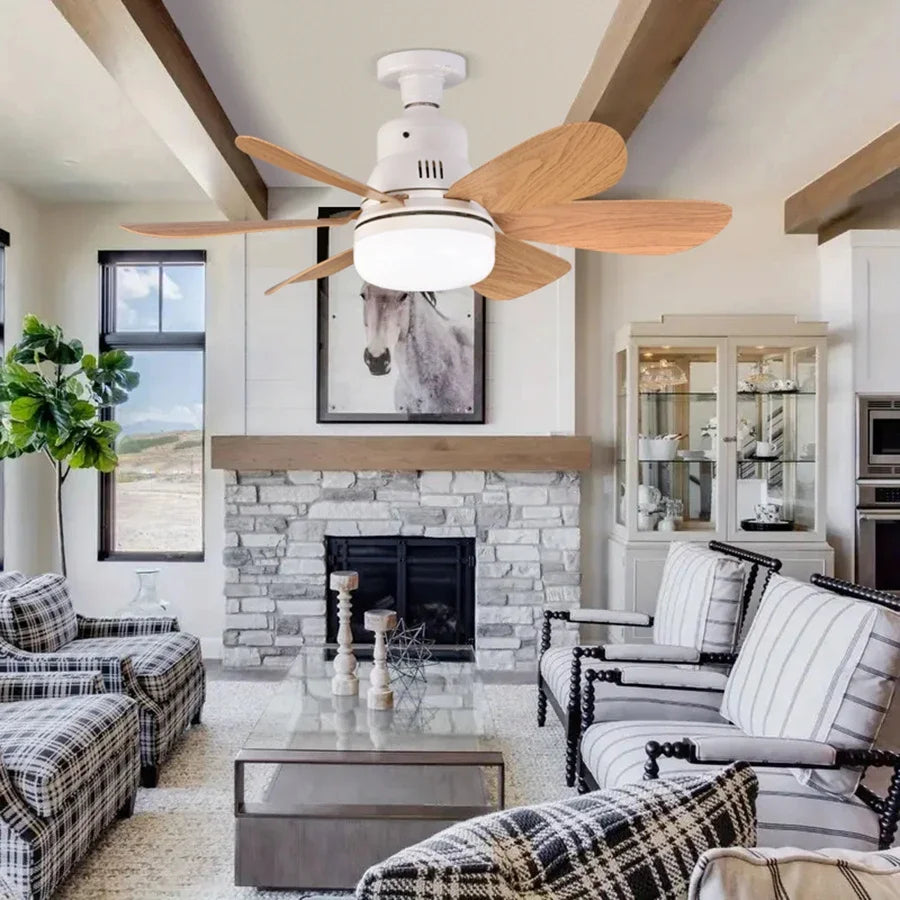 Socket Wood Grain Fan Light with Remote Control,Suitable for Living Room, Study, Household Use Ceiling Fan Light 6 Blades