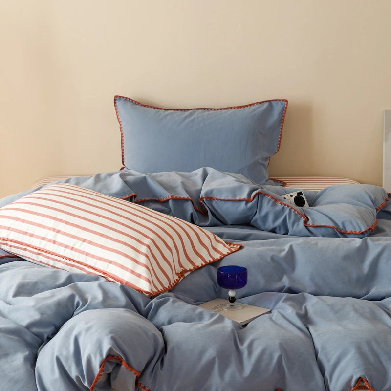 Blue Protein Durable Washed Cotton Bedding Set Striped Color Block Shell Embroidery Comforter Cover with Standard Pillowcases