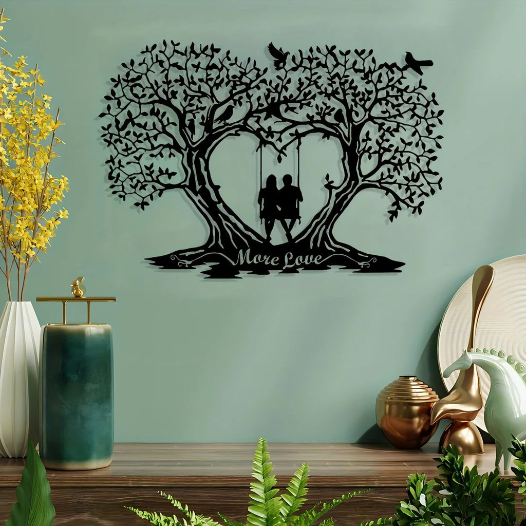Custom Personalized Romantic Love Tree Metal Wall Art - Reusable Silhouette Decor for Home, Bedroom, Living Room
