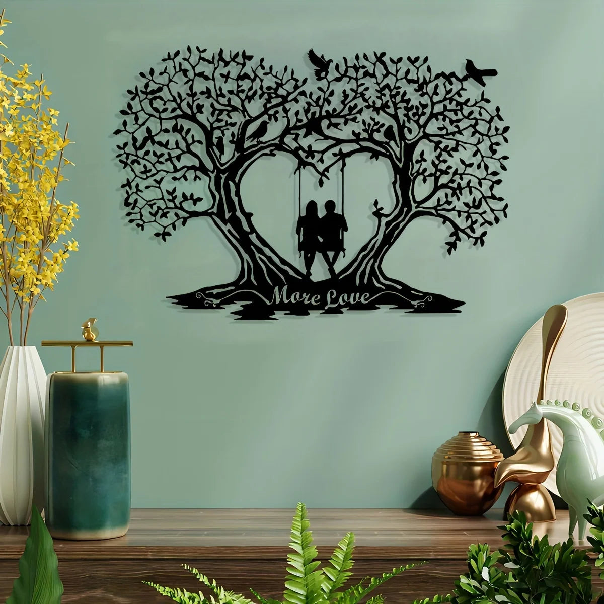Custom Personalized Romantic Love Tree Metal Wall Art - Reusable Silhouette Decor for Home, Bedroom, Living Room