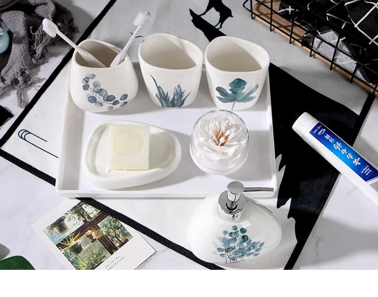 Green Nordic Ceramic Bathroom Set - Soap Dispenser, Toothbrush Holder, Tumbler & Soap Dish for Stylish Bathroom Organization