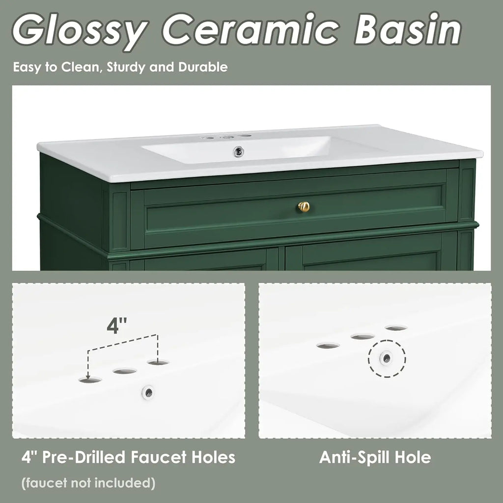 36in Solid Wood Bathroom Vanity with Soft-Close Doors & Tip-Out Drawer Undermount Sink Cabinet Green Customized
