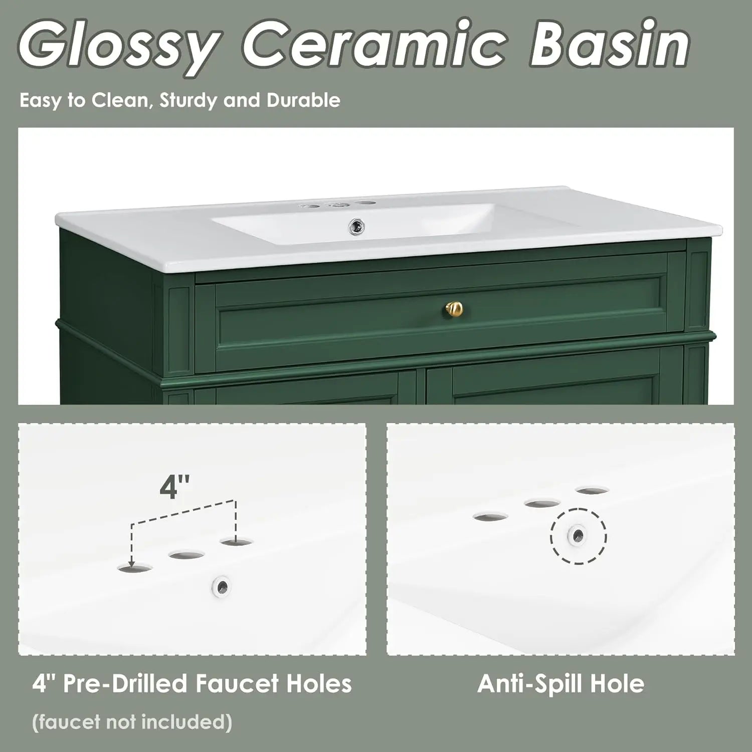 36in Solid Wood Bathroom Vanity with Soft-Close Doors & Tip-Out Drawer Undermount Sink Cabinet Green Customized
