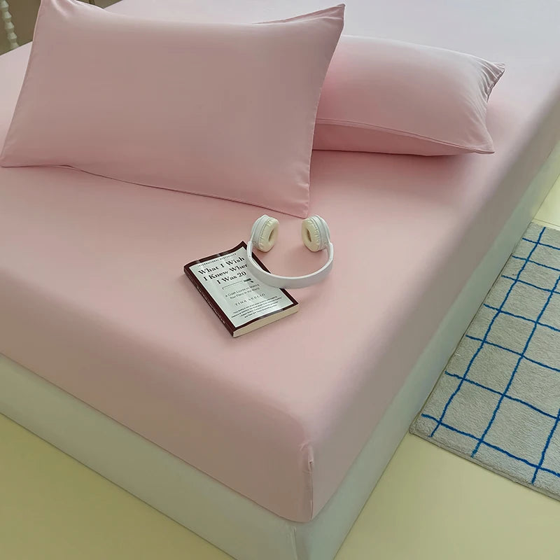 Solid  Colour Washed Fitted Sheet with Elastic Bands Non Slip Adjustable Mattress Cover for Single Double King Queen Bed