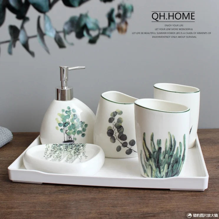 Green Nordic Ceramic Bathroom Set - Soap Dispenser, Toothbrush Holder, Tumbler & Soap Dish for Stylish Bathroom Organization
