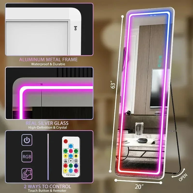 RGB LED Full Length Mirror With Lights, 63"x20" Floor Mirror Dimming Lights, Standing Wall Mounted Hanging
