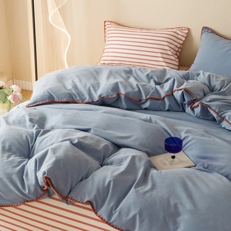 Blue Protein Durable Washed Cotton Bedding Set Striped Color Block Shell Embroidery Comforter Cover with Standard Pillowcases