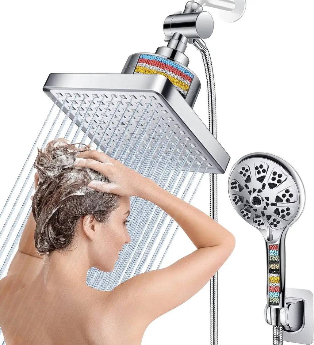 Dual Filter Rain Shower Head Combo with High Pressure, 10 Modes Handheld and 6 Inch Rainfall for Hard Water