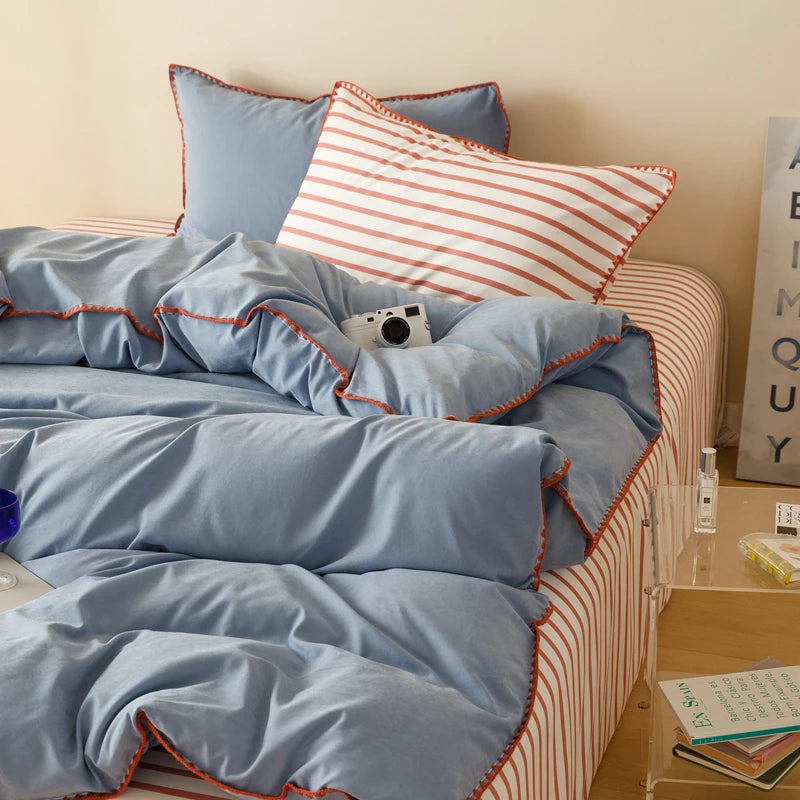 Blue Protein Durable Washed Cotton Bedding Set Striped Color Block Shell Embroidery Comforter Cover with Standard Pillowcases