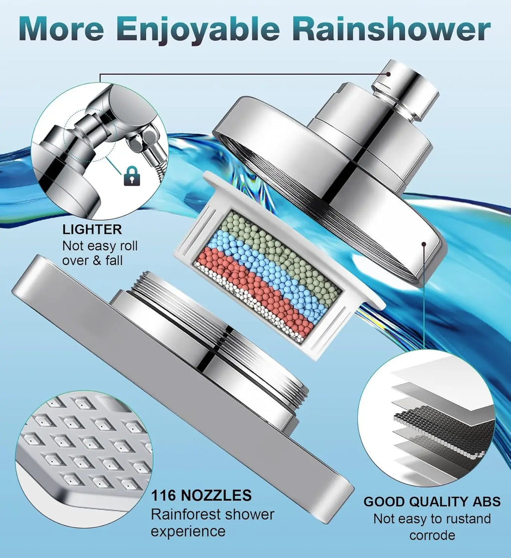 Dual Filter Rain Shower Head Combo with High Pressure, 10 Modes Handheld and 6 Inch Rainfall for Hard Water
