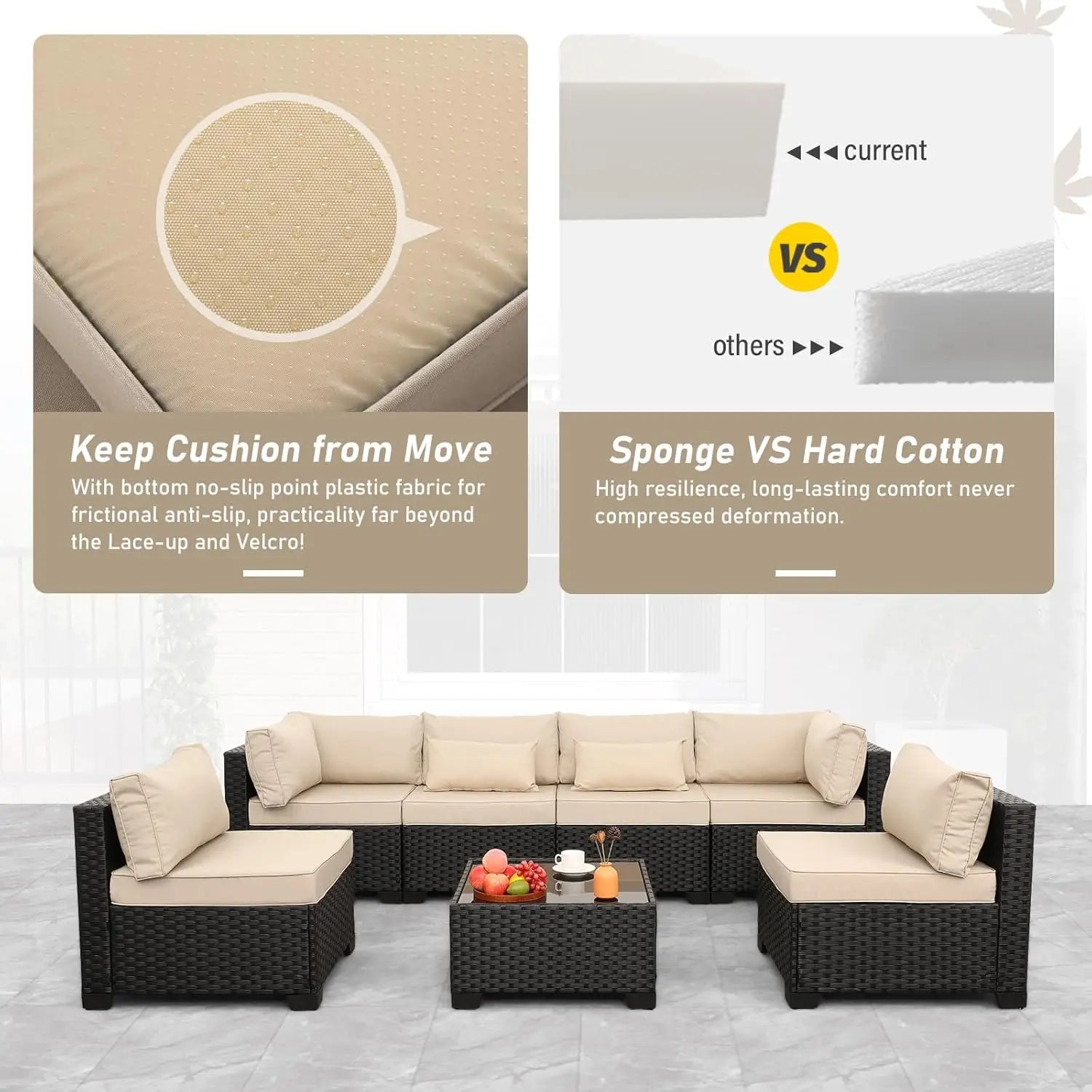 7 Pieces Outdoor PE Wicker Furniture Set Patio Rattan Sectional Conversation Sofa Set with Khaki Cushions and Glass Top T