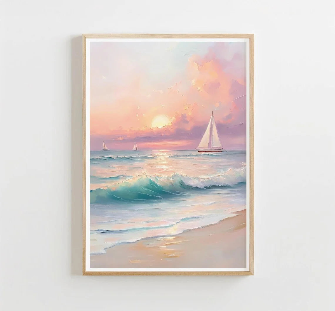 Pastel Sunset Print Blush Pink Coastal Beach Preppy Ocean Painting Poster Boho Wall Art Decor Girly Dorm Teen Room Prints Framed