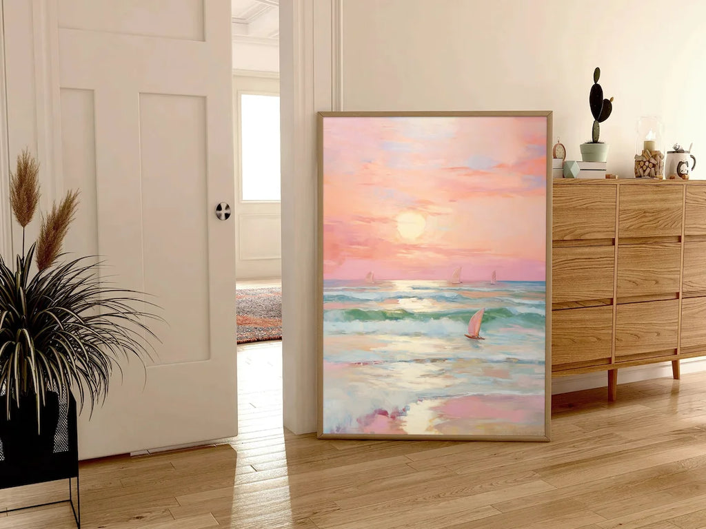 Pastel Sunset Print Blush Pink Coastal Beach Preppy Ocean Painting Poster Boho Wall Art Decor Girly Dorm Teen Room Prints Framed