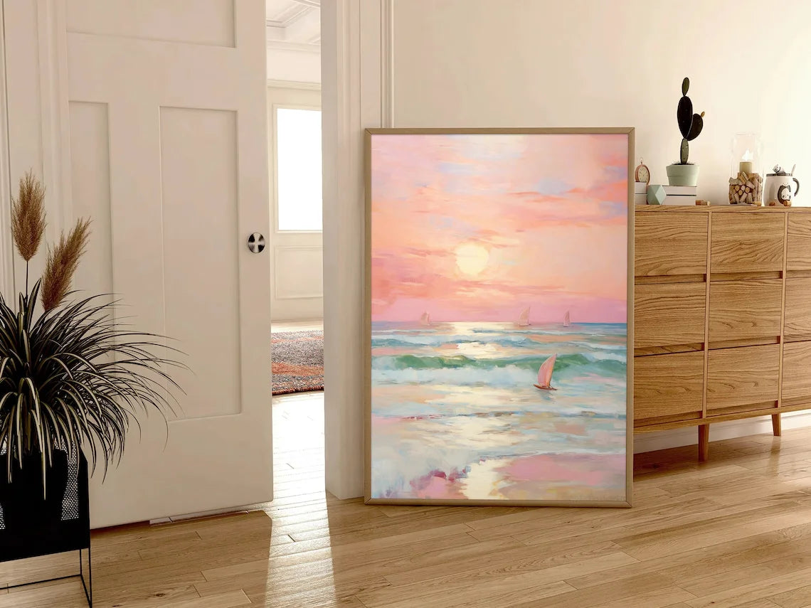 Pastel Sunset Print Blush Pink Coastal Beach Preppy Ocean Painting Poster Boho Wall Art Decor Girly Dorm Teen Room Prints Framed