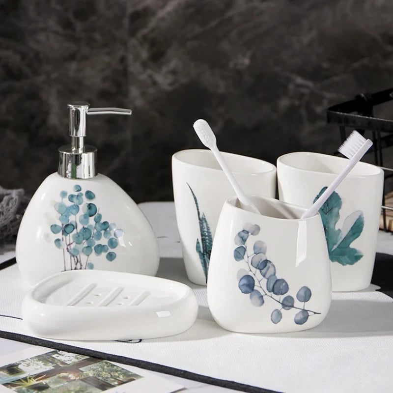 Green Nordic Ceramic Bathroom Set - Soap Dispenser, Toothbrush Holder, Tumbler & Soap Dish for Stylish Bathroom Organization