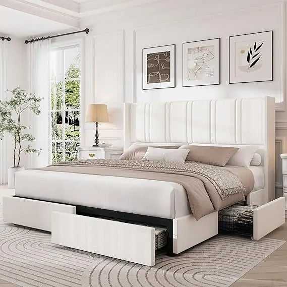 Size Bed Frame with 4 Storage Drawers and Wingback Headboard Linen Upholstered Platform Bed Frame with Wooden Slats, Easy