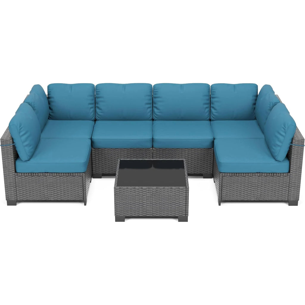 7-Piece Modular Outdoor Furniture Set, PE Rattan Wicker Sectional Modular Conversation Sofa Set, Perfect For Garden Balcony