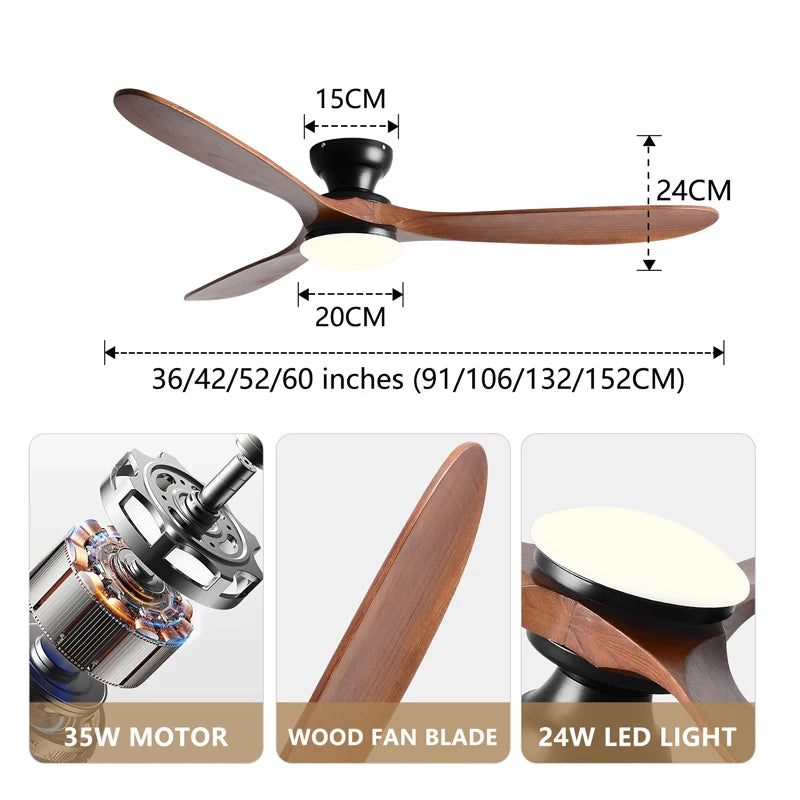 42/52inch Low Floor Ceiling Fan Light Remote Control Led Llights Indoor Restaurant Solid wood fan leaves With Fan Chandelier
