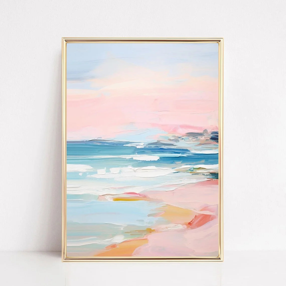 Pastel Sunset Print Blush Pink Coastal Beach Preppy Ocean Painting Poster Boho Wall Art Decor Girly Dorm Teen Room Prints Framed