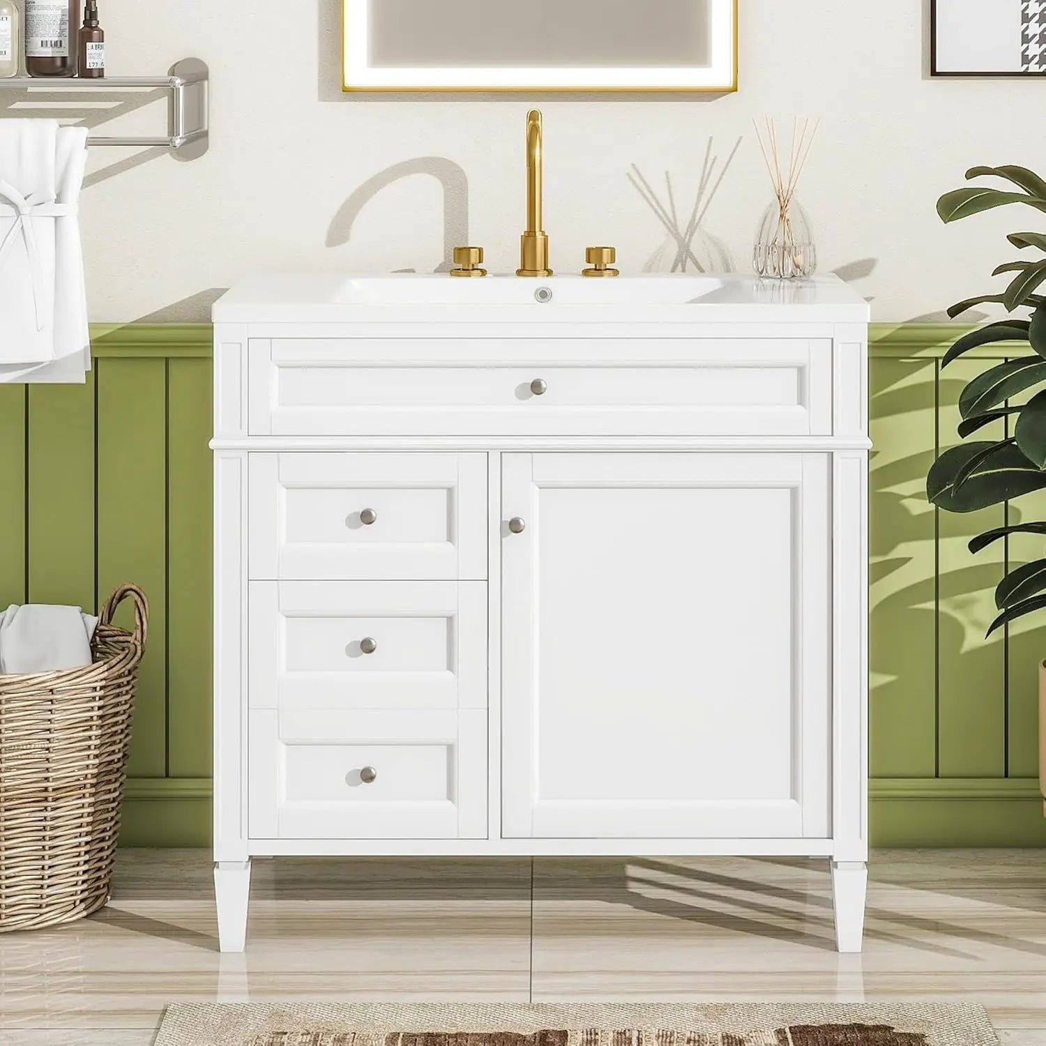 36in Solid Wood Bathroom Vanity with Soft-Close Doors & Tip-Out Drawer Undermount Sink Cabinet Green Customized