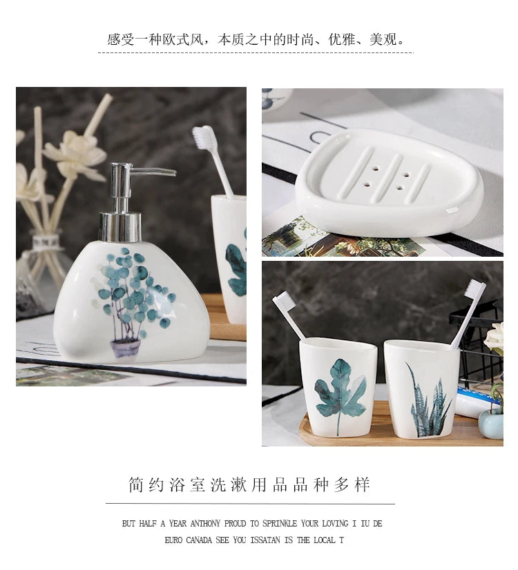 Green Nordic Ceramic Bathroom Set - Soap Dispenser, Toothbrush Holder, Tumbler & Soap Dish for Stylish Bathroom Organization