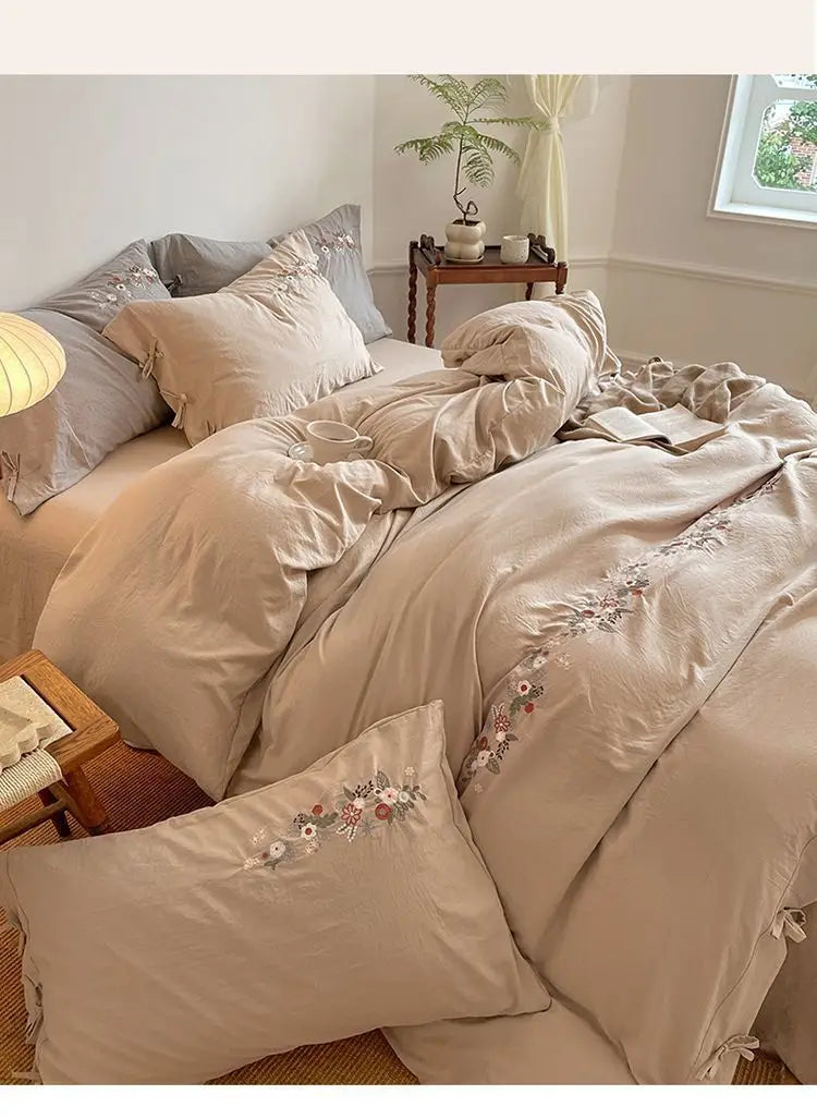 New Chinese embroidery washed cotton soft quilt cover bed sheet four-piece set