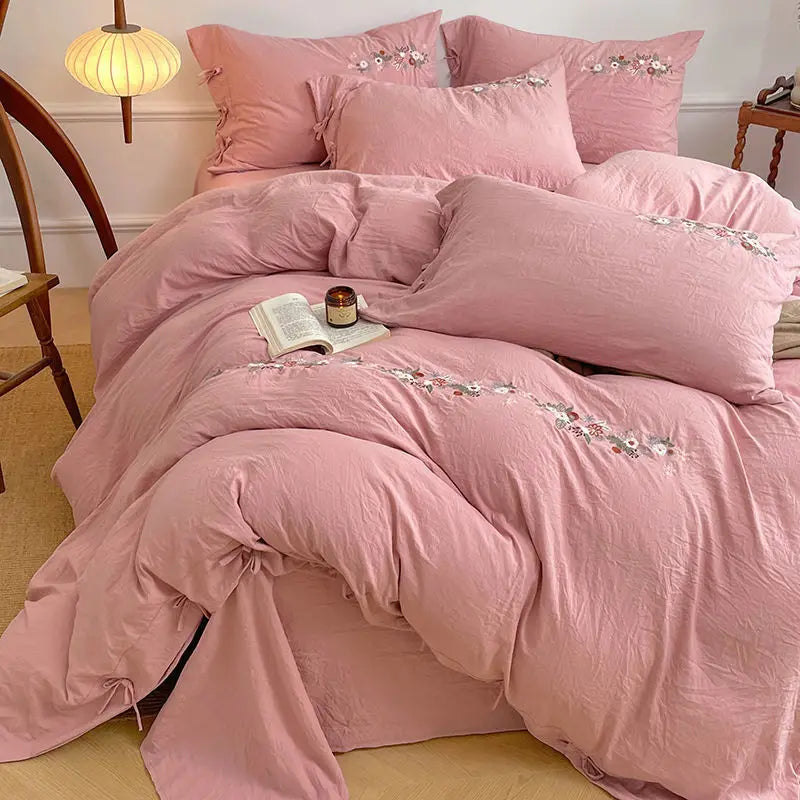 New Chinese embroidery washed cotton soft quilt cover bed sheet four-piece set