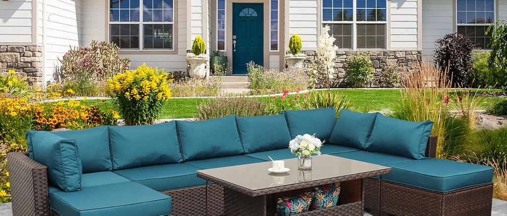 7 Pieces Outdoor PE Wicker Furniture Set Patio Rattan Sectional Conversation Sofa Set with Khaki Cushions and Glass Top T