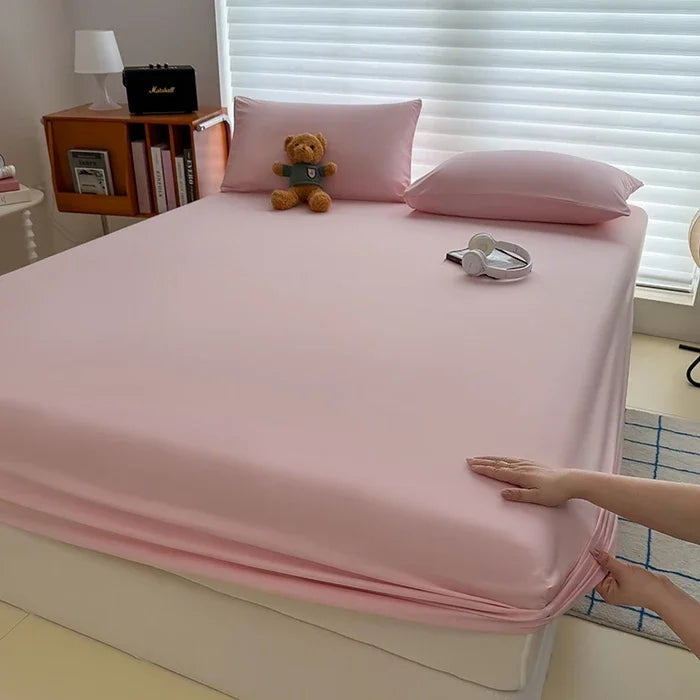Solid  Colour Washed Fitted Sheet with Elastic Bands Non Slip Adjustable Mattress Cover for Single Double King Queen Bed
