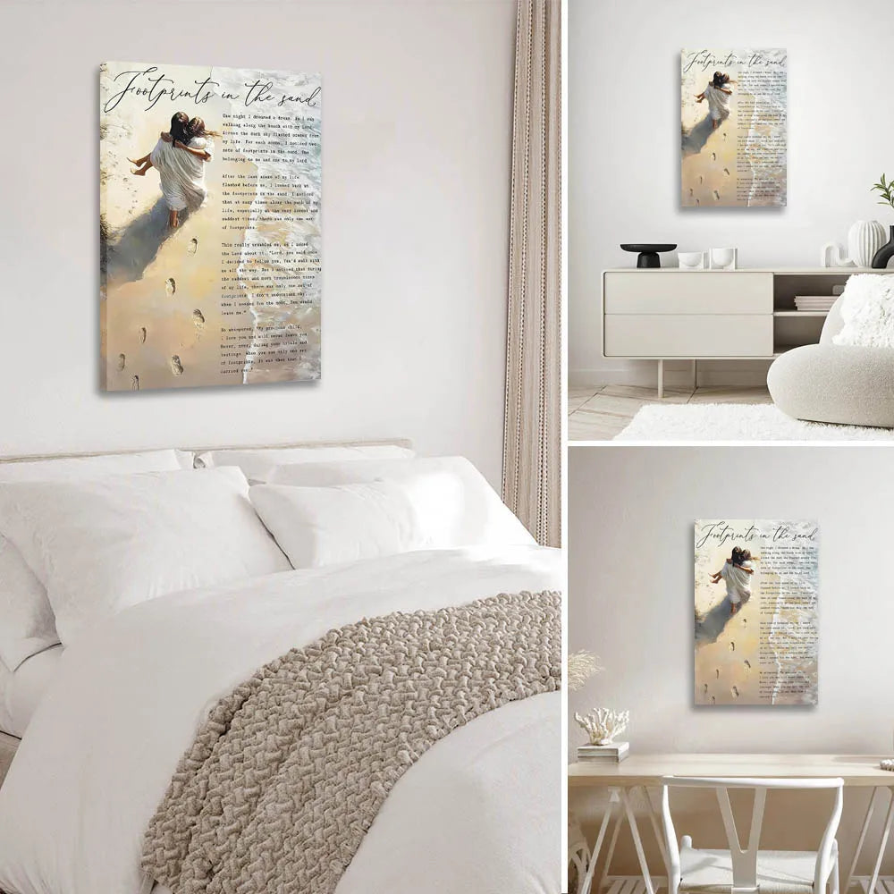 Framed Jesus Holding Woman Wall Art Jesus Footprints in The Sand Canvas Painting Print Christian Inspirational Quotes Poster